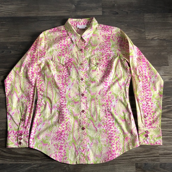 Ariat Womens Snap Front Long Sleeve Western Shirt Pink Green Rodeo Cowgirl - Picture 2 of 15